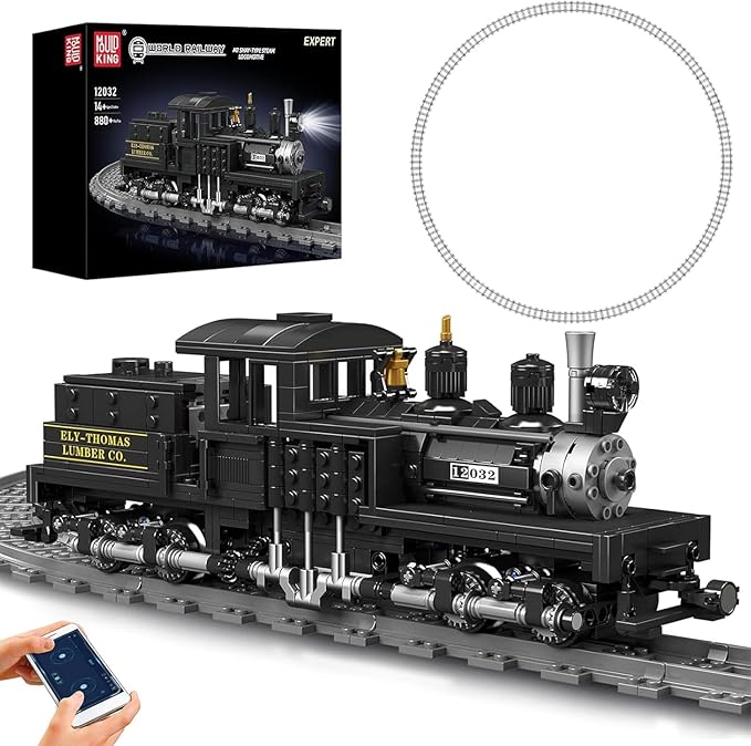 Mould King Shay-Type Steam Locomotive Building Set with LED Lighting Remote/App Control Model Train Block Kit with Tracks Engineering Toy Kit for Adults (880 PCS)