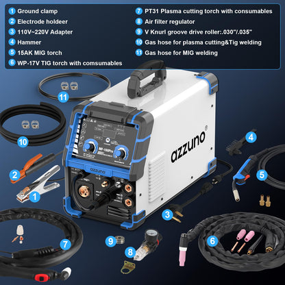 AZZUNO Plasma Cutter Welder Combo 160A, 5 in 1 Plasma Cut/Gas MIG/Flux MIG/HF TIG/Stick Welder Machine, 110V/220V Multiprocess Welding machine(Light Grey)