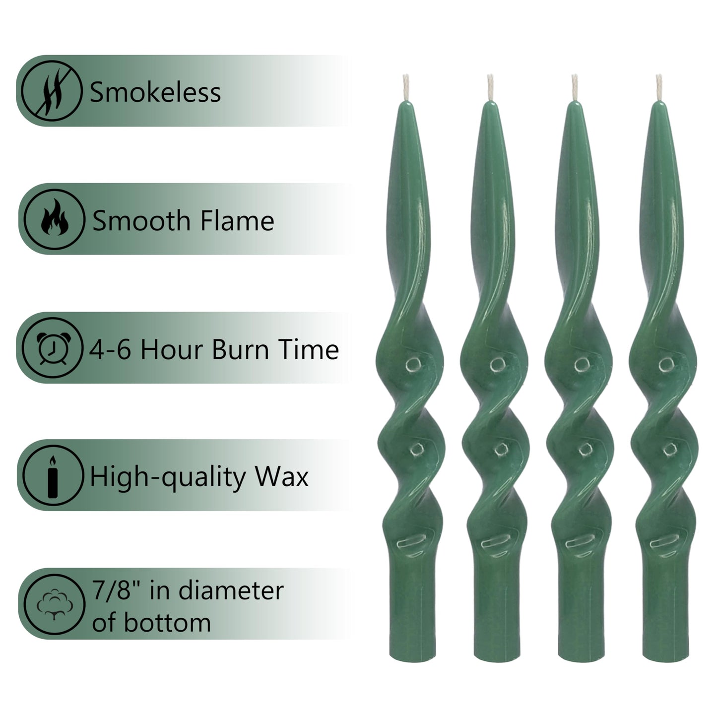 DEVSYWAX Spiral Taper Candles 10inches Long Candlesticks Green Candlestick Unscented Twist Candle 4-Pack for Home Dinner Wedding Party Decoration 24D4PC-GREEN