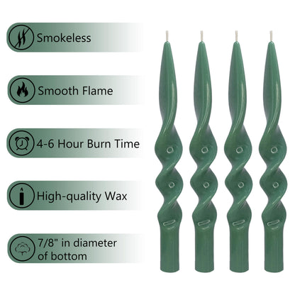 DEVSYWAX Spiral Taper Candles 10inches Long Candlesticks Green Candlestick Unscented Twist Candle 4-Pack for Home Dinner Wedding Party Decoration 24D4PC-GREEN