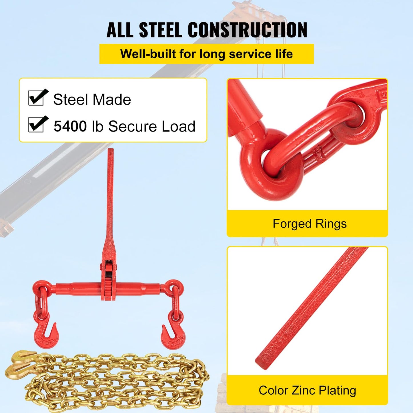 VEVOR Chain Load Binder, 5/16" Tie Down Kit w/ 7100LBS Working Load Capacity and Two Grab Hooks, Includes (4) Ratchet Binders - (4) 21' Grade 80 Chains, Transport Load Package for Hauling, Towing