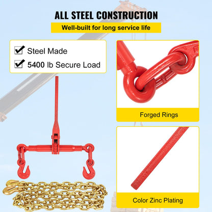 VEVOR Chain Load Binder, 5/16" Tie Down Kit w/ 7100LBS Working Load Capacity and Two Grab Hooks, Includes (4) Ratchet Binders - (4) 21' Grade 80 Chains, Transport Load Package for Hauling, Towing