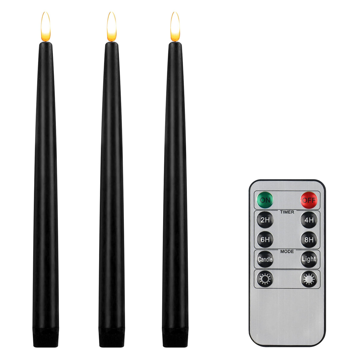 CVHOMEDECO. Flameless Taper Candles with 10-Key Remote, Battery Operated Led Flickering 3D Wick Window Candles Real Wax Finished Home Christmas Party Decor 0.78 x 11 Inch, Pack of 3, Black