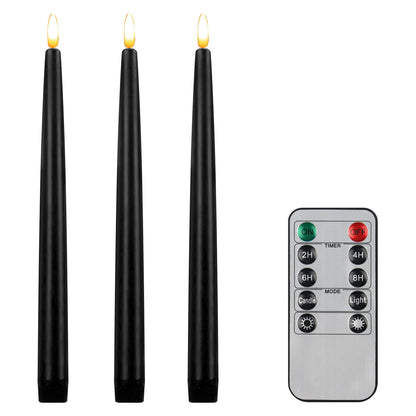 CVHOMEDECO. Flameless Taper Candles with 10-Key Remote, Battery Operated Led Flickering 3D Wick Window Candles Real Wax Finished Home Christmas Party Decor 0.78 x 11 Inch, Pack of 3, Black