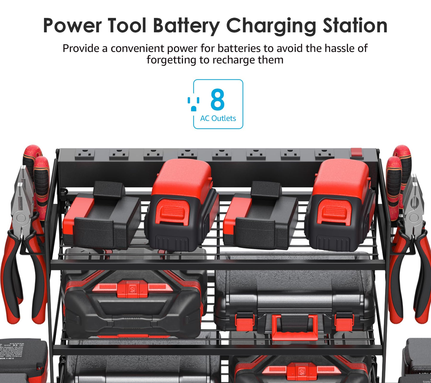 CCCEI Garage Tools Storage with Charging Station. Power Tool Battery Organizer Utility Shelf with Power Strip. 4 Drills Holder Wall Mount Rack, Black 4 Layer.