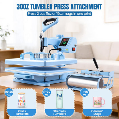 AKEYDIY Heat Press 15x15 inch 5 in 1 with 30OZ Tumbler Press, 360° Swivel Away Slide Out Digital Shirt Press Machine, Industrial Heat Transfer Machine Sublimation for T-Shirt (15x15-5 in 1 Blue)