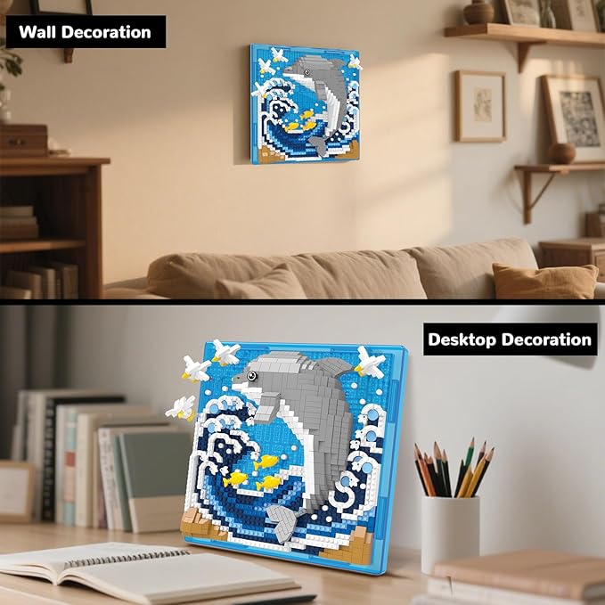 Dolphin Animal 3D Wall Art Micro Mini Building Blocks Set Unique Home Wall Decor or Table Display Ideal Gift Toy for Adults &amp Boys Girls 14+ (1113 PCS)