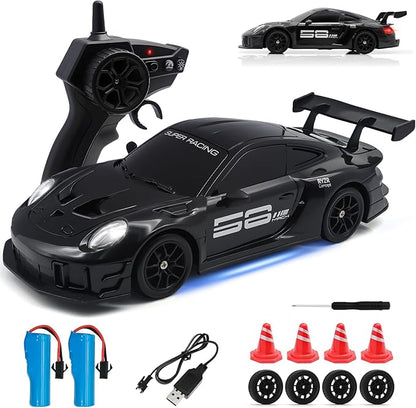 RC Drift Car 1:24 4WD Remote Control Cars Vehicle with LED Light2.4GHz 20KM/H High Speed RC Cars with Two Batteries &amp Drifting Tires Racing Sport Toy for Adults Boys Girls Kids Black