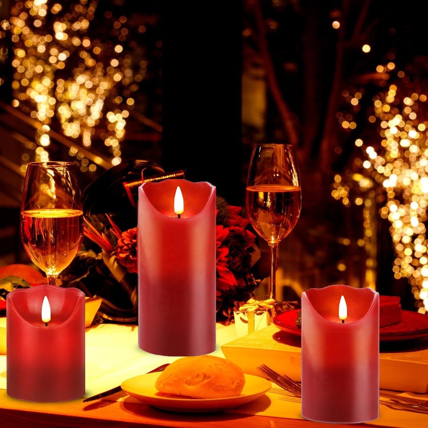 HEIOKEY 3 Pack Red Flickering Flameless Candle Set, Battery Operated Candles with 10-Key Remote Control, Electric Pillar Candle with Timer, Dancing Flames Real Wax Fake Candle for Festive Celebrations