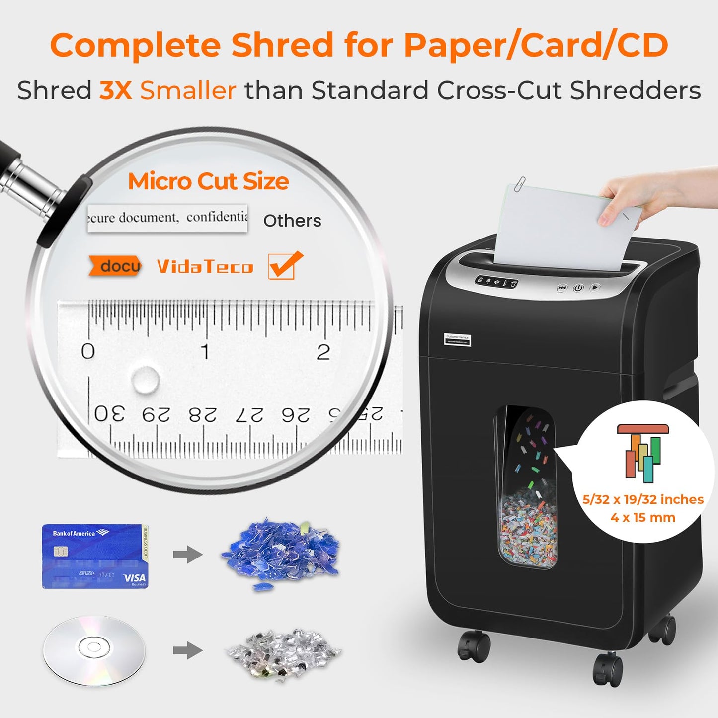 VidaTeco 18-Sheet Paper Shredder for Home Office Heavy Duty, 60-Minute Micro Cut P-4 Security, Auto-Reverse Anti-Jam System, Shreds Staples/CD/Credit Cards, 7.9-Gallon Pullout Bin & 4 Casters (ETL)