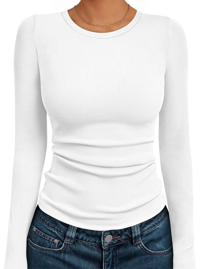 AUTOMET Womens Long Sleeve Fall Fashion Tops Casual Dressy Shirts Business Outfits Blouses Ribbed Knit Basic Tshirts Trendy Cute Workout Clothes White M