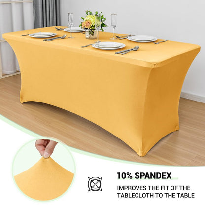 Obstal 8Ft Stretch Spandex Table Cover for Standard Folding Tables - 2 Pack Universal Rectangular Fitted Tablecloth for Party, Banquet, Events, Trade Show (Gold, 96L x 30W x 30H Inches)
