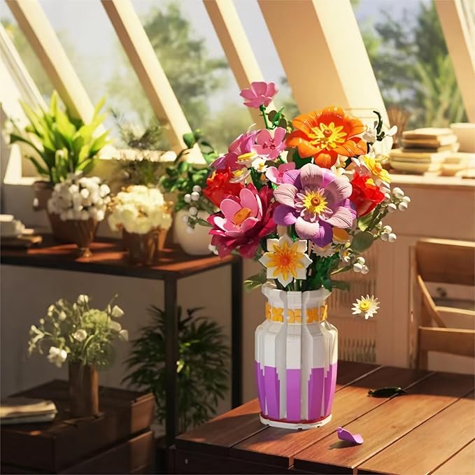 2 in 1 Vase Flowers Bouquet Building Set 16 Flowers Bouquet Sets for Adults &amp Women Compatible with Lego Flowers Bouquet Valentine's Day Gift for Her Girlfriend Wife 1278 PCS