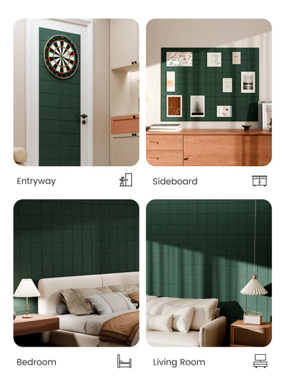 Bumusty Large Felt Bulletin Board, 48" x 36" Cork Board Alternative, 12-Pack Wall Tiles with 4-Compartment Design, 30 Push Pins, 70 Adhesive Tabs, Ideal for Office & Home Decor, Pine Green