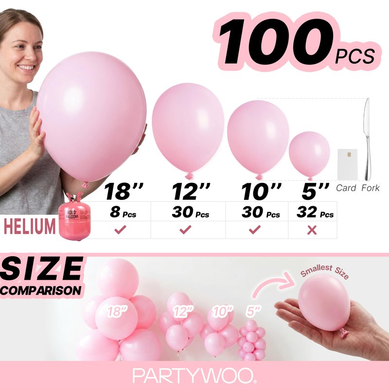 PartyWoo Baby Pink Balloons 100 pcs Different Sizes of 18 12 10 5 Inch Pastel Pale Light Pink Balloons Arch Kit Garland for Baby Shower Gender Reveal Birthday Princess Party Decorations Pink-Q05