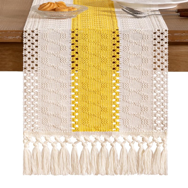 Socomi Boho Table Runner Easter Spring Farmhouse Rustic Dining Kitchen Centerpiece Decor Small Macrame Woven Cotton Coffee Table Runner for Dresser Scarf Home Decor 12x72 in Yellow Gold Ivory