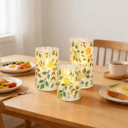 Crystal Club Yellow Floral Flameless Candles with Remote & Timer, 3D Wick Flickering Pillar LED Flameless Candles, Battery Operated for Home Wedding Party Festival Decor, Set of 3