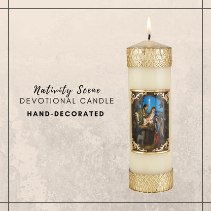 Needzo Gold Tone Nativity Scene Ornate Pillar Candle for Christmas Mass Decoration or Holiday Candles for Homes, Mantels or Centerpieces, 7.75 Inches