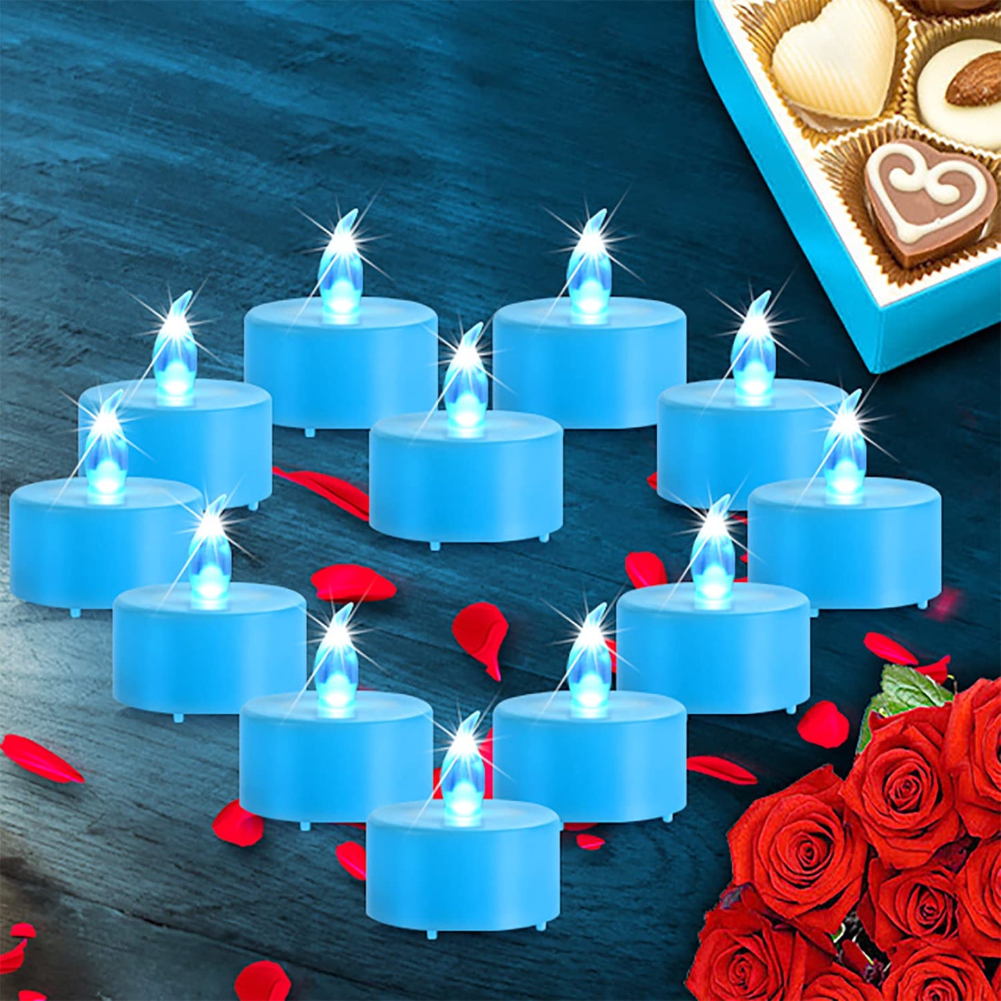 Baikaraer Battery Operated Tea Lights Candles, Flameless Electric Fake Candle, 100 Pack Flickering Votive Led Tealights, Long Lasting 200+Hours, for Wedding Party Home Decoration (Blue)
