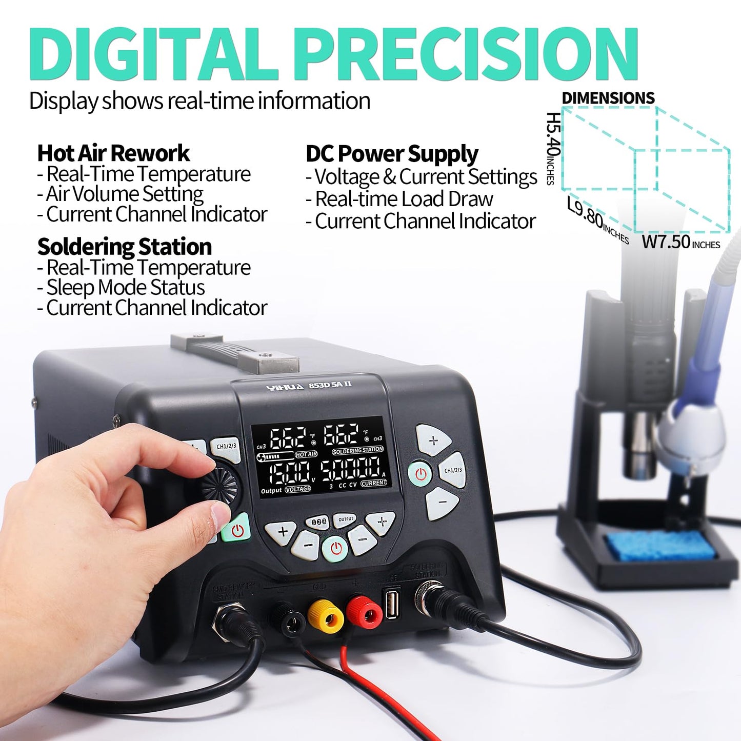 YIHUA 853D 5A-II 3 in 1 Hot Air Rework Soldering Iron Station and DC Power Supply 30V 5A -°F /°C Multiple Functions