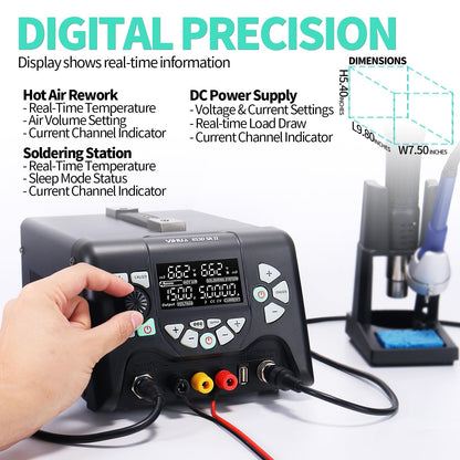 YIHUA 853D 5A-II 3 in 1 Hot Air Rework Soldering Iron Station and DC Power Supply 30V 5A -°F /°C Multiple Functions