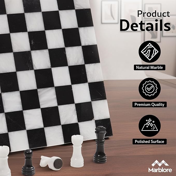 Marble Chess Set 10 Black &amp White Chess Games with 32 Chess Pieces &amp 2 Extra Queens for Beginner Board Games Valentine’s Day Game Nights
