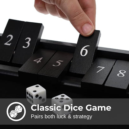 WE Games Wooden Shut The Box - Close The Box Set Pub Game with 12 Number Tiles &amp 2 Dice Games - 13.5” Black Stained Finish for Adults