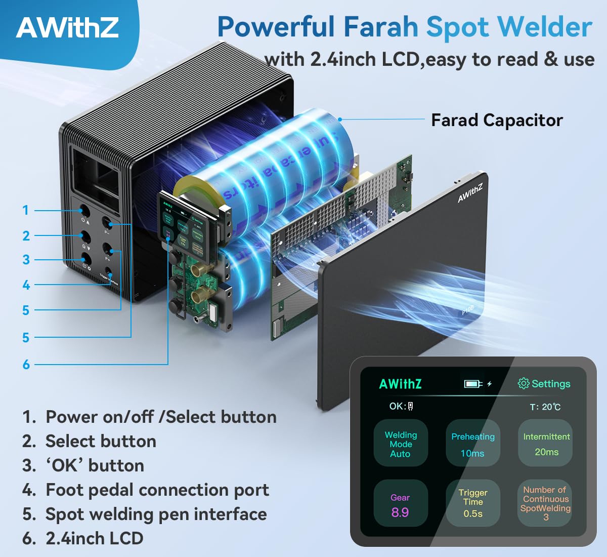 14.6 KW Capacitor Battery Spot Welder, AWithZ Spot Welder, 2-in-1 Automatic & Foot Pedal Two Modes Battery Farad Welding Equipment for 18650/LiFePO4 Lithium Battery Pack Building (P20B)