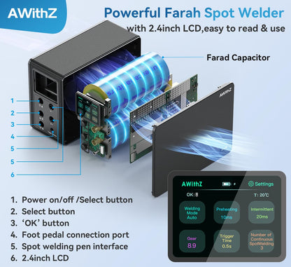 14.6 KW Capacitor Battery Spot Welder, AWithZ Spot Welder, 2-in-1 Automatic & Foot Pedal Two Modes Battery Farad Welding Equipment for 18650/LiFePO4 Lithium Battery Pack Building (P20B)