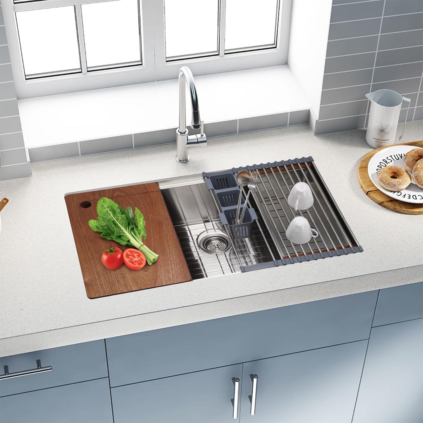SANYCASA 30 Inch Undermount Kitchen Sink Superior Drain Kitchen Sinks 11 Gauge (3mm) Stainless Steel, Single Bowl Integrated Ledge Multifunctional Workstation Set -