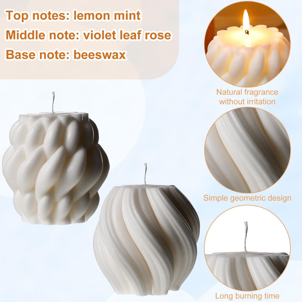 Threlaco 2 Pcs Decorative Pillar Candles Modern Aesthetic Knot Ball Swirl Candles Scented Soy Wax Ribbed Decor for Home Shelf Table Room Decor Christmas Holiday Housewarming Gift