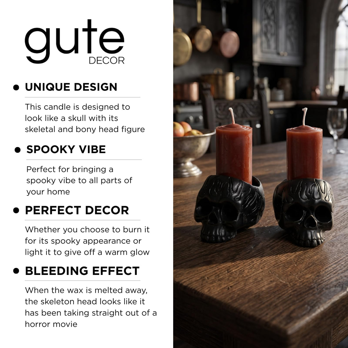 Skull Blood Candles 2 Pack - Bleeding Dripping Red Wax, Skeleton Reversing Skul Candle, Magic Skulls Candlestick Spooky Gothic Bar Decoration - 3.54 x 2.56 x 2.36-8 Hour Burn Time - Gute