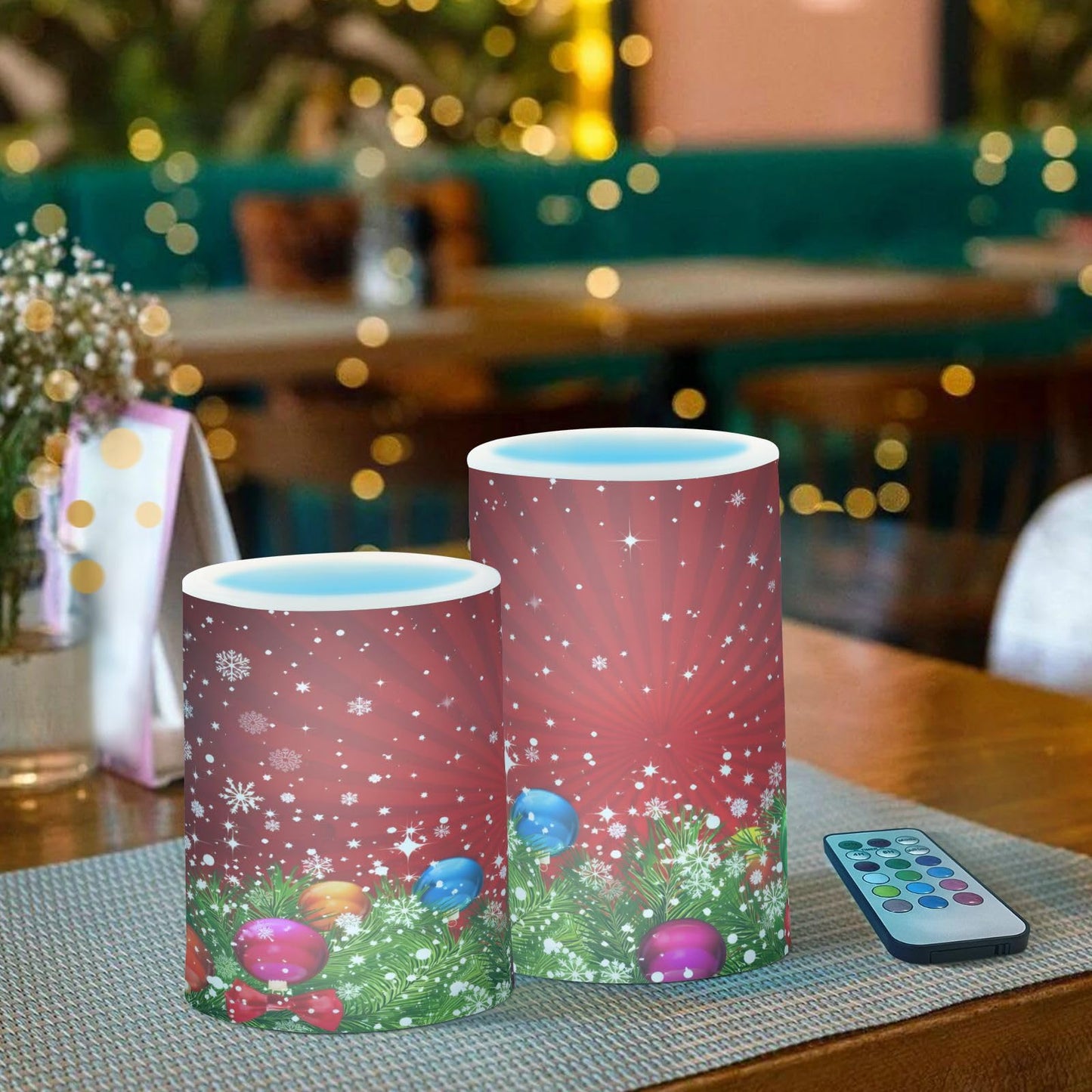 ALAZA Christmas Tree Decoration and Snowflakes Red Flickering Flameless Candles Battery Operated with Remote Timer,Tea Light Candles LED Pillar Votive Candles Set of 2 for Outdoor Indoor Decorations