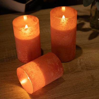 Flickering Flameless Candles - Sandblast Glass Battery Operated with Remote and 2/4/6/8 H Timer, Set of 3 LED Pillar Candles (D3"xH 4"5"6")with Realistic Wax Candles for Home Decor (Sandblast Orange)