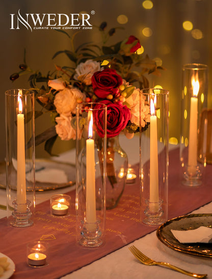 Inweder Glass Hurricane Candle Holder: 12" Tall Candlestick Holder with Cylinder Windproof Cover Clear Taper Candle Holders for Wedding Party Birthday Christmas Home Decor Set of 2