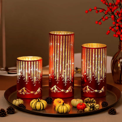 Ashroder Starry Night Elegant Hurricane Candleholders with LED Flickering Lights & Remote Timer, Decorative Glass Hurricanes for Indoor Table Centerpieces & Year-Round Home Decor, Set of 3 (Red)