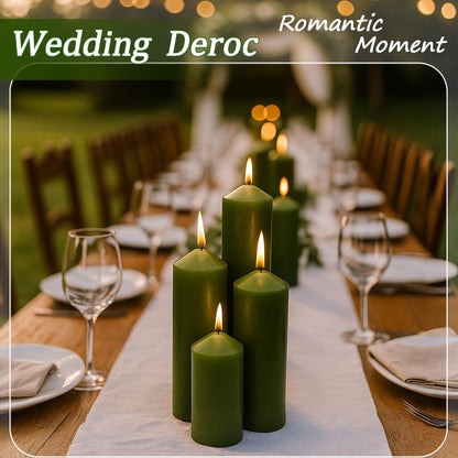 Veiuwa 36 Pcs Green Pillar Candles Bulk Set，Hurricane Candles，3 Different Lengths (12 Each)，Dripless Unscented Smokeless，Gives You a Better Atmosphere When Organizing Wedding or Event Party.