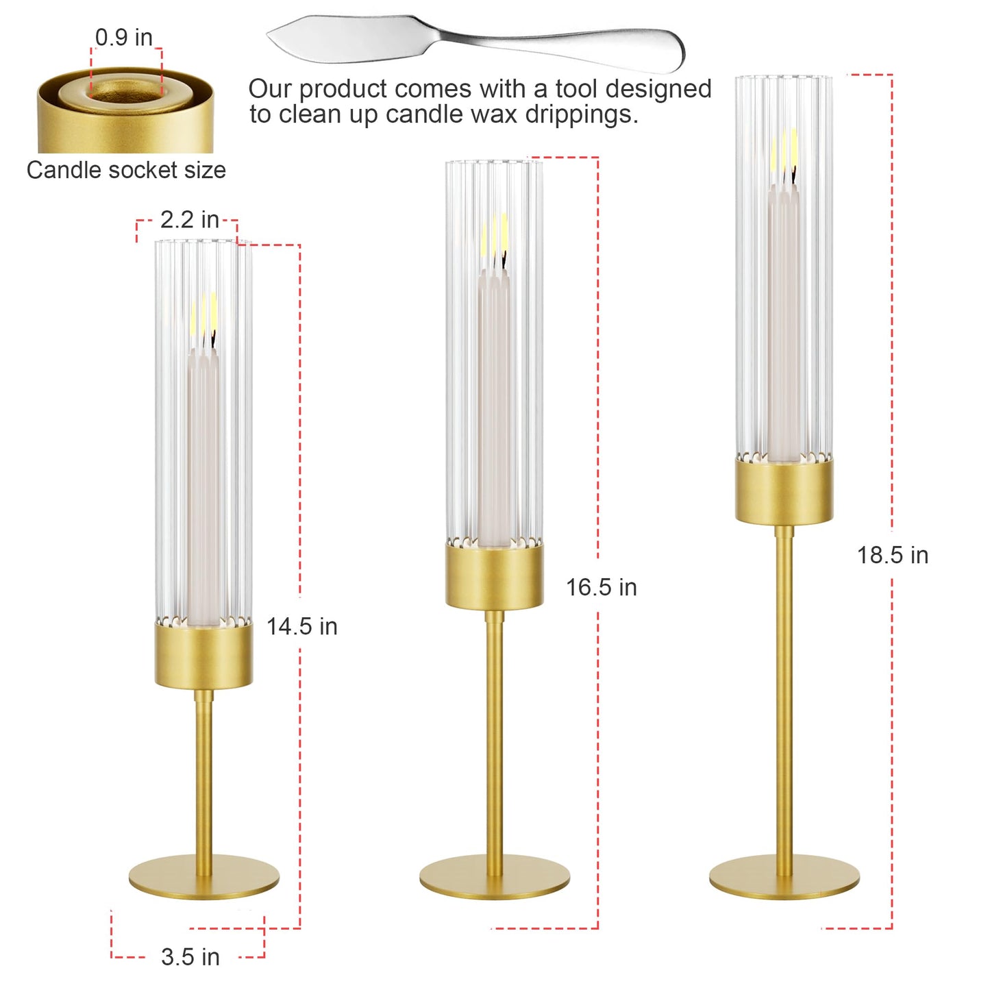 Viuieyid Hurricane Glass Candle Holders Set of 3, Premium Tall Gold Candle Stick Holder, Elegant Fluted Candle Holders for Wedding Decor Party Holiday Table Centerpiece Home Festival Decoration