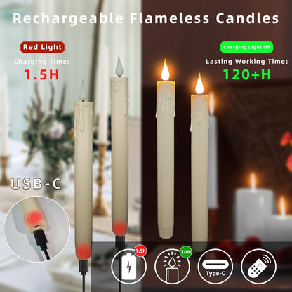 SUNGEGE 9.9-Inch Rechargeable Flameless Taper Candles, 60+ Hours Runtime, Remote & Timer, Flickering LED, Safe for Home & Events 6-Pack, Ivory, Plastic