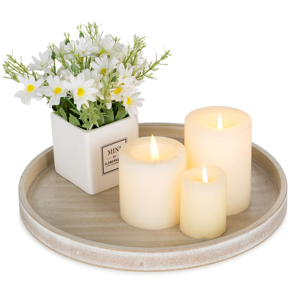 Hanobe Candle Plate Holder Tray: Whitewash Round Wood Candle Plate Decorative Centerpiece Small Tealight Pillar Trays for Living Room Dining Coffee Table Home Decor