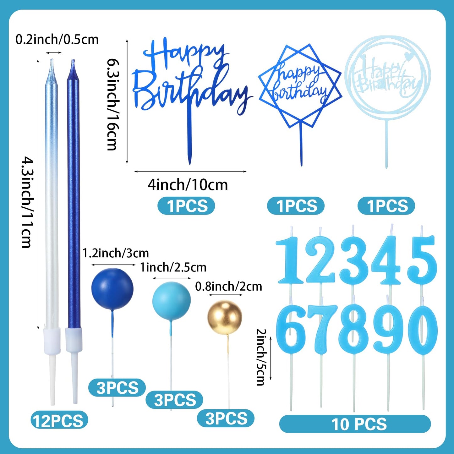 Yerliker 34 Pcs Happy Birthday Cake Toppers Decorations Birthday Candles DIY Cake Decor for Men Women Wedding Anniversary(Navy Blue)