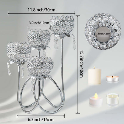 4 Arms Crystal Candelabra Tealight Holder - Tall 15.7 Inch Elegant Tabletop Centerpiece with Crystal Pendant Bowls & Artistic Metal Stand for Wedding, Dining Table, Home Decor (2, Silver)