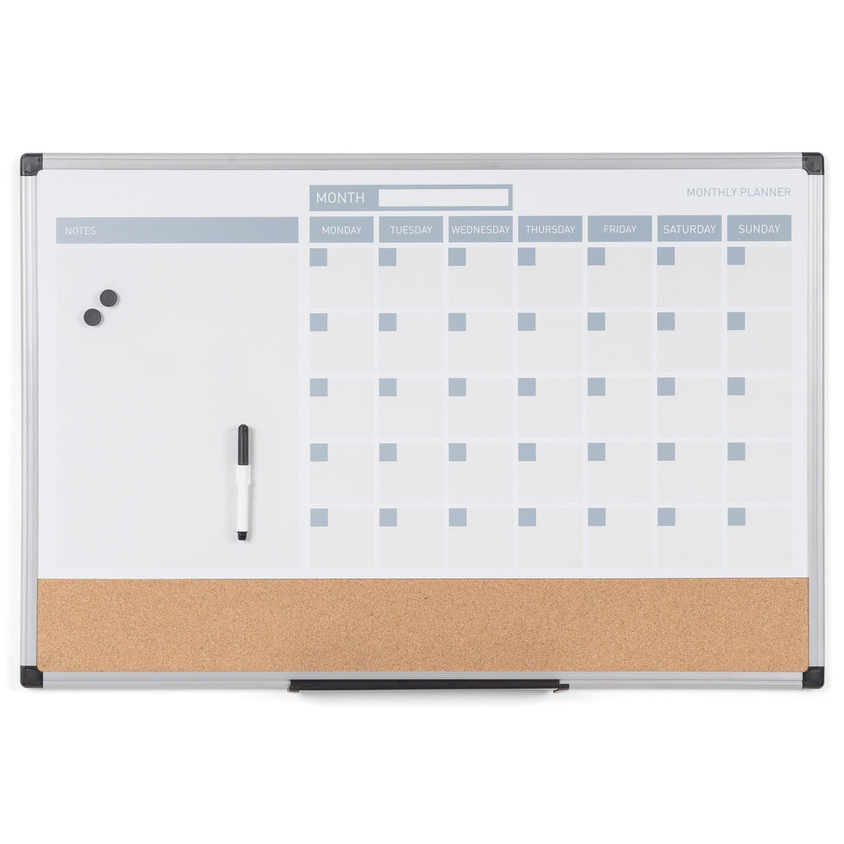 MasterVision Magnetic Dry Erase Monthly Calendar Planner Push Pin Corkboard Combo with Marker Tray, 24" x 36", Gray Plastic Frame, White, MB0707186P