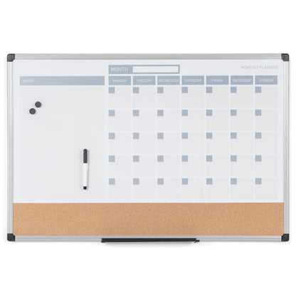 MasterVision Magnetic Dry Erase Monthly Calendar Planner Push Pin Corkboard Combo with Marker Tray, 24" x 36", Gray Plastic Frame, White, MB0707186P