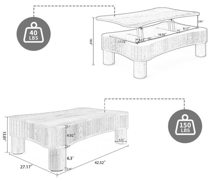 Zurnes Lift Top Coffee Table with Storage, 42" Accent Table for Living Room, Fluted Panel Hidden Storage, Silent Hydraulic Lift, Curved Corners, Easy Assembly, Walnut