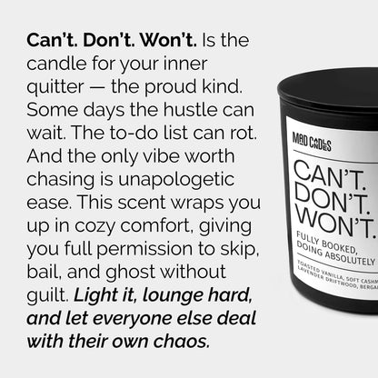 Mad Candles – Can’t. Won’t. Don’t. | Luxury Scented Candle for Relaxation & Home Décor | 9.5oz Coconut Soy Wax | Non Toxic Long Burn Candle Jar | Cozy Bedroom & Living Room Candle