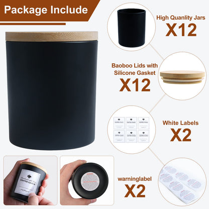 CONNOO 12 Pack 10 OZ Matte Black Glass Candle Jars for Making Candles with Airtight Bamboo Lids Nice Sticky Warning Labels for Candle Making Empty Container Bulk - Dishwasher Safe