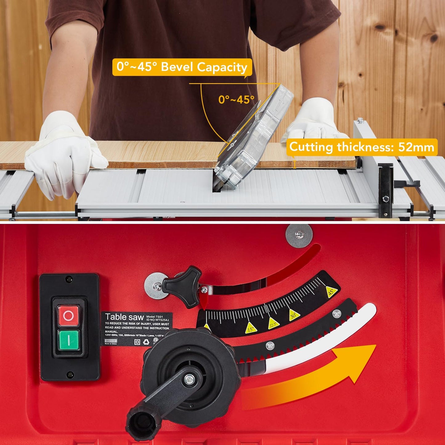 Table Saw 10 Inch, 15 Amp 5000RPM Powerful Tablesaw With Stand & Protective Cover, 36 X 25 Inch Tabletop Saw 90° Cross Cut & 0-45° Bevel Cut, Adjustable Depth, for Woodworking, Metal, Plastic