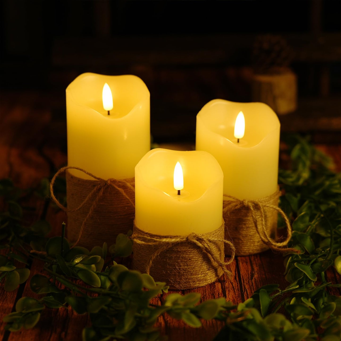 Homwamee Flameless Candles with Remote Timer-3D Flickering Hemp Rope LED Candles Set of 3(4”/5”/6”, Battery Powered for Home/Wedding/Party/Table Decorations