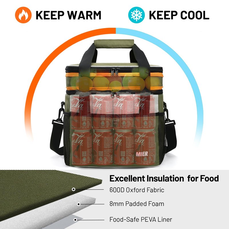 MIER Expandable 24L Lunch Bag Double Layer Insulated Cooler Tote Soft Cooler Bags 30Can Mens Adults Lagre Leakproof Lunch Boxes for Work, Picnic, Camping, Travel, Army Green